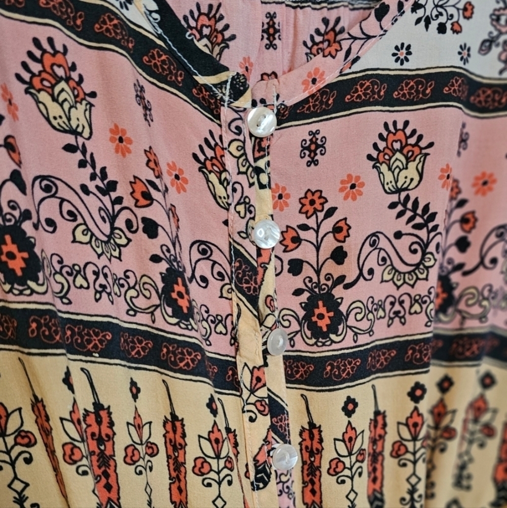 American Rag Long Sleeve Romper Boho Pink Peach Floral Print Festival Sz Medium - Picture 4 of 10